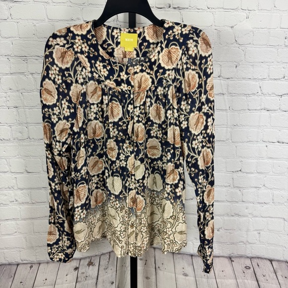 MAEVE Anthropologie Orli Blouse Floral Print Top Ombre Blue Beige Size Medium - Picture 1 of 8